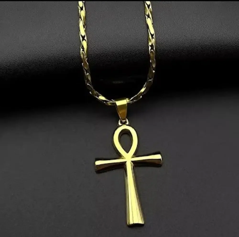 Egyptian Ankh Cross Pendant Necklace Gold Stainless Steel Religious Jewelry
